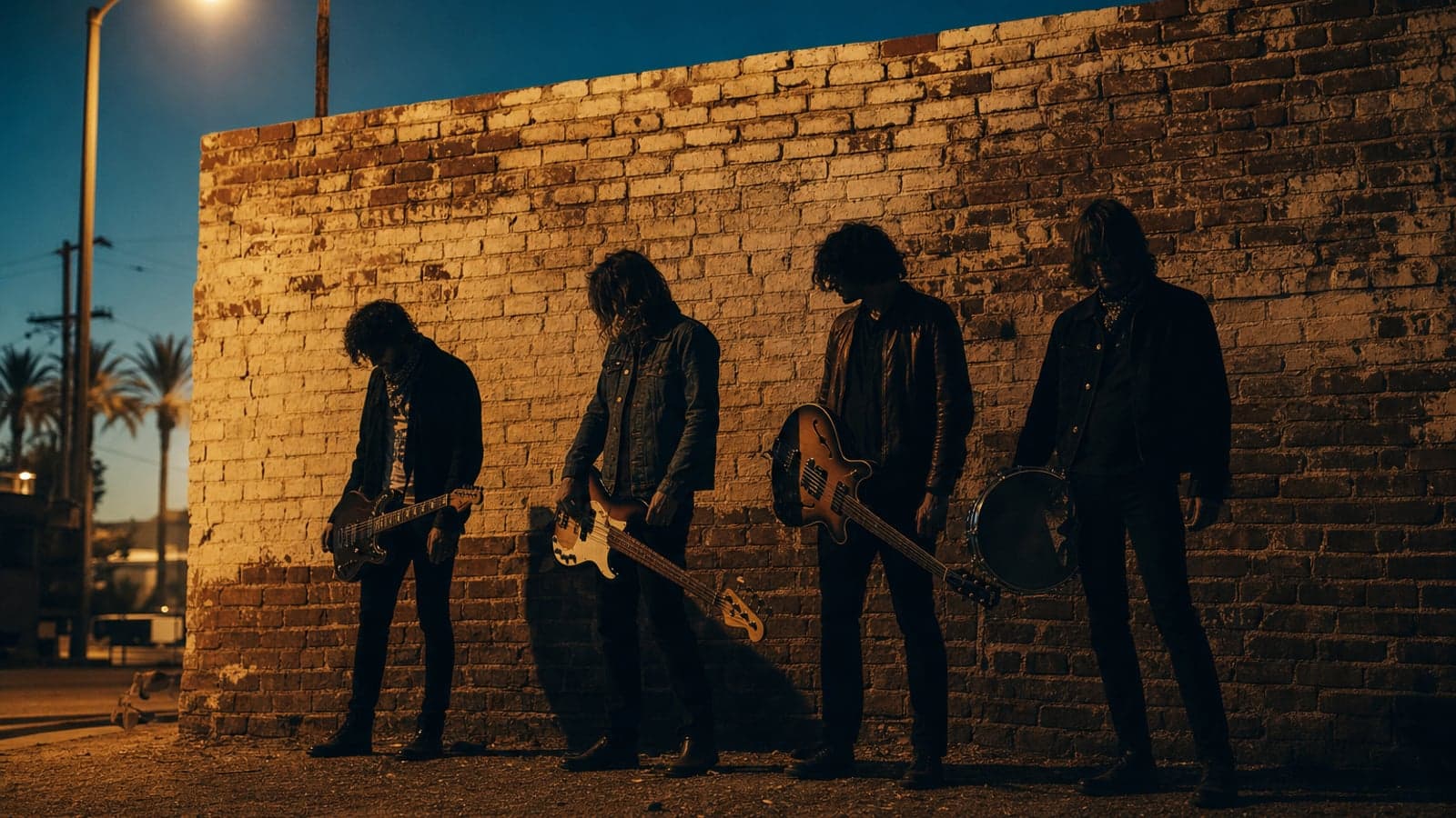 Four musicians lined up against a brick wall at twilight, holding their instruments