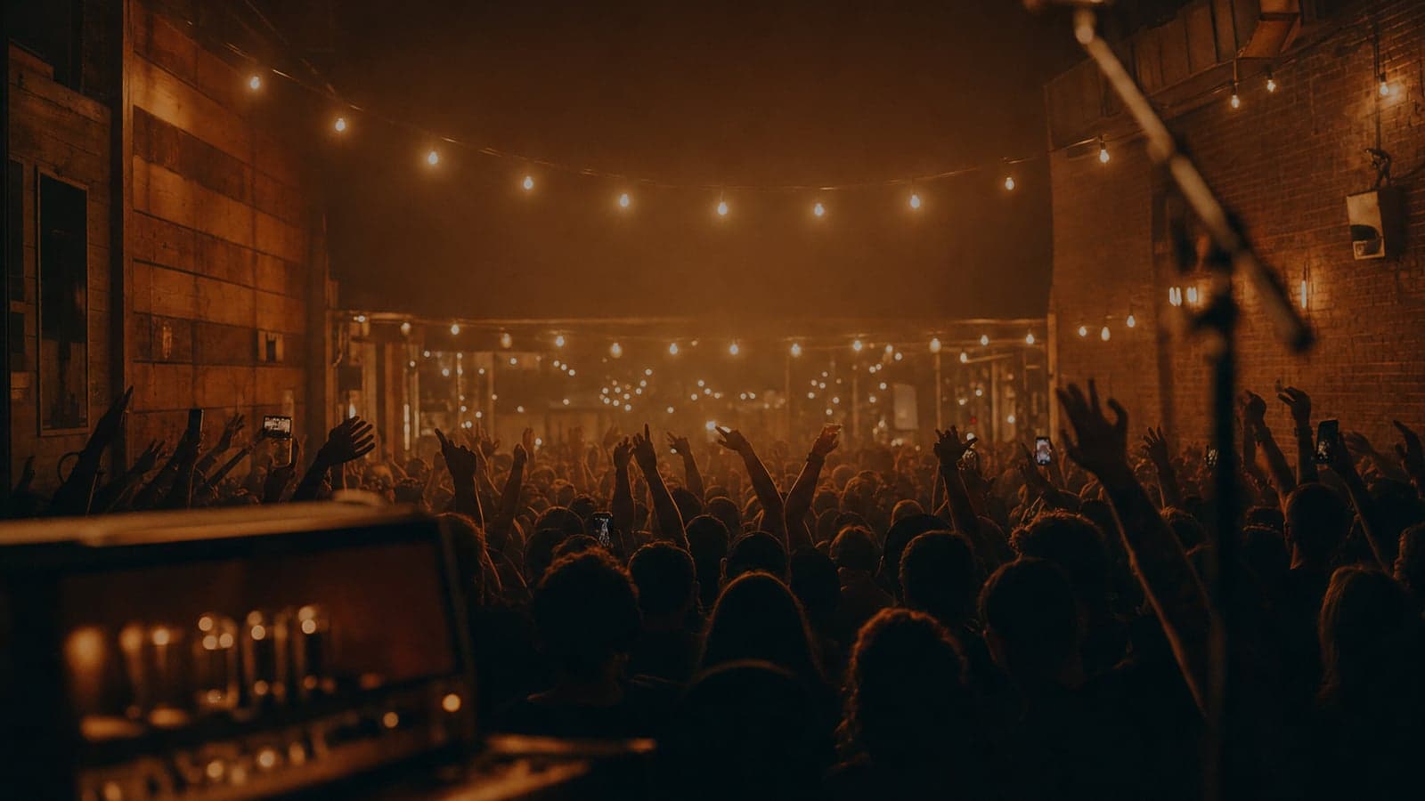 Concert crowd shot from the stage, hands and phone lights raised